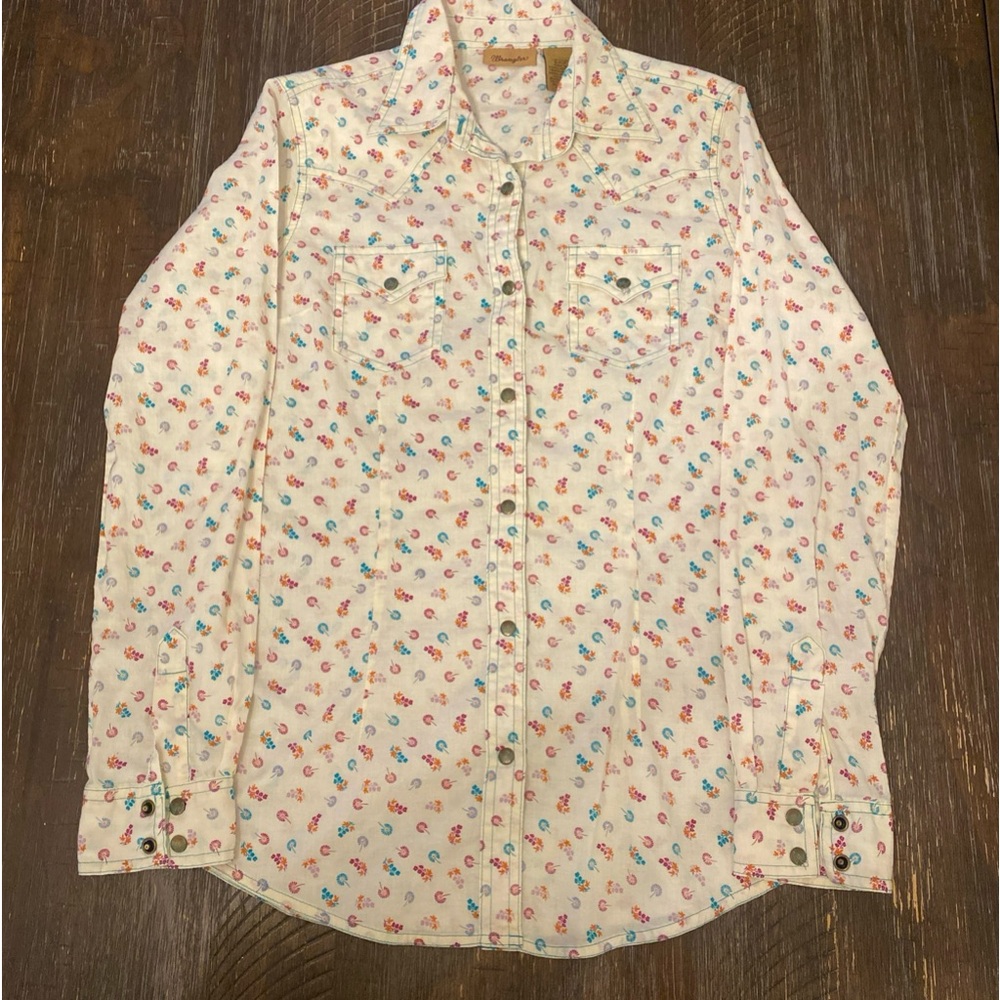 Wrangler Floral Western Snap Shirt Womens S White Pink Blue Flowers Long Sleeve